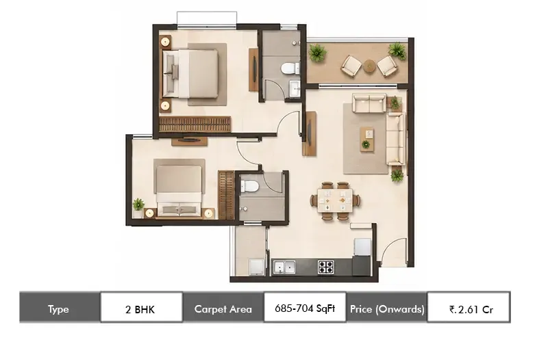 Haware One & Only Crown 2 BHK floor plan, 685 sq ft carpet area