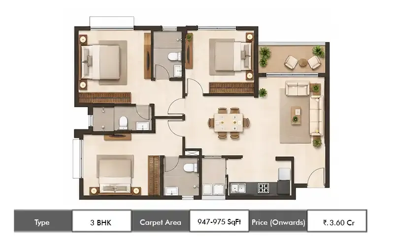 Haware One & Only Crown 3 BHK floor plan, 947 sq ft carpet area